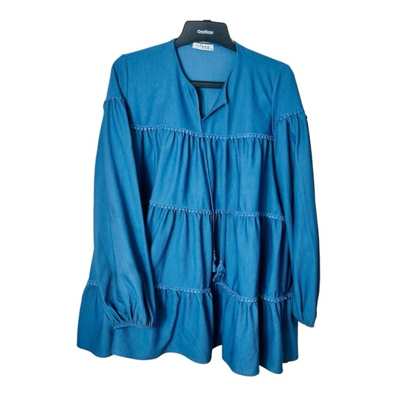 Blue Long Sleeve Ruffle Oversized Tunic Blouse with A marching Crop pants 42 - Picture 3 of 13